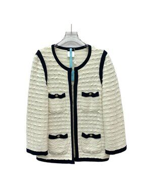 Chanel Beige Trim Cotton Crew Neck Cardigan Jacket